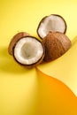 Coconut fruits on folded paper yellow plain background, abstract food tropical concept Royalty Free Stock Photo