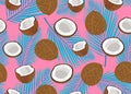 Coconut fruits seamless pattern whole and piece with blue palm leaves on pink background. Summer background.