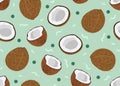 Coconut fruits seamless pattern whole and piece with dot on bright green background. Tropical fruit