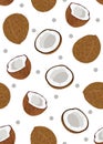 Coconut fruits seamless pattern whole and piece with dot on white background. Tropical fruit