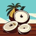 Coconut fruits on a wooden table. Vector illustration in cartoon style. AI generated