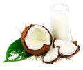 Coconut with glass of coconut milk and green leaf Royalty Free Stock Photo