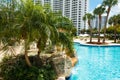 Coconut green palm trees under the sun, pool with blue water, tropical beautiful background. Summer, tourism, holidays,