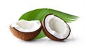 Coconut with half and leaves on white background. generative ai Royalty Free Stock Photo