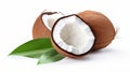 Coconut with half and leaves on white background. generative ai Royalty Free Stock Photo