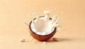 Coconut Half with Milk Splash on Beige Background Royalty Free Stock Photo