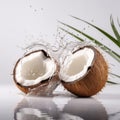 Coconut halves and coconut leaves in a splash of water. Generative AI