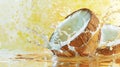 A coconut halves are splashing in a yellow liquid, AI