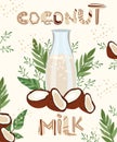 Coconut healthful organic, lactose-free milk in bottle glass. Milk for vegetarians. Non dairy, plant based beverages