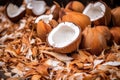 coconut husks in a pile, byproduct of production