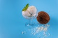 Coconut ice cream, three scoops in a glass bowl Royalty Free Stock Photo