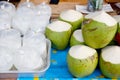 Coconut juice and coconut water packing thai style for sale Royalty Free Stock Photo