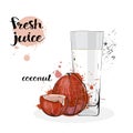 Coconut Juice Fresh Hand Drawn Watercolor Fruits And Glass On White Background