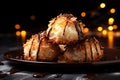 Coconut macaroon drizzled with chocolate tasty dessert background