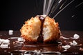 Coconut macaroon drizzled with chocolate tasty dessert background