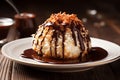 Coconut macaroon drizzled with chocolate tasty dessert background