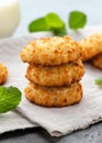 Coconut macaroons cookies served with glass of milk. Gluten free