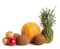 Coconut, melon, apple and fresh whole pineapple isolated on white background, healthy fruits Royalty Free Stock Photo