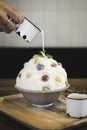 Coconut milk bingsu with dumplings.