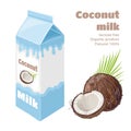 Coconut milk in carton box isolated on white background. Vector illustration of plant-based drink in cartoon flat style. Royalty Free Stock Photo