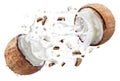 Coconut milk flying out from split coconut fruit. File contains clipping paths Royalty Free Stock Photo