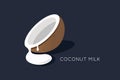 Coconut milk logo. Half of the coconut with flowing milk. isolated coco icon