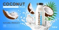 Coconut milk poster. Dairy product advertising banner template, blank transparent glass bottle, milkshake packaging