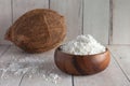 Coconut milk powder in wooden bowl Royalty Free Stock Photo