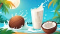 Coconut milk splash in a glass on the beach. Royalty Free Stock Photo