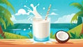 Coconut milk splash in a glass on the beach. Royalty Free Stock Photo
