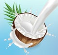Coconut in milk splash Vector realistic. template tropic exotic background. Fruit yogurt or milk layouts