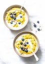 Coconut milk turmeric oatmeal porridge on a light background, top view. Gluten free, vegetarian food