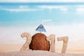 Coconut instead number 0 in 2017 in sand against sea.