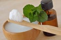 Coconut oil in a bowl with a wooden toothbrush and peppermint essential oil - Homemade natural toothpaste