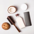 Coconut oil and and combs. Hair care concept