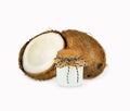 Coconut oil and fresh coconuts isolated on white Royalty Free Stock Photo