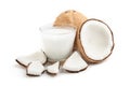 Coconut oil and fresh coconuts isolated on white background Royalty Free Stock Photo