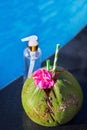 Coconut oil fresh and juice smoothie drink cocktail near swimming pool - summer exotic health holiday concept Royalty Free Stock Photo