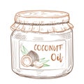 Coconut oil in a glass jar with a label. Cooking and beauty ingredients. Vector Hand drawn illustration