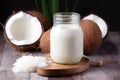 coconut oil in a glass jar with a stack of fresh coconuts in the background Royalty Free Stock Photo