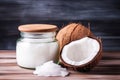 coconut oil jar near a split coconut shell Royalty Free Stock Photo