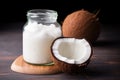 coconut oil jar near a split coconut shell Royalty Free Stock Photo