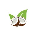 Coconut oil logo. Nature product coconut oil emblem. Ripe coco and half coconut and leaves with letters. Engraving style.