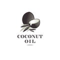 Coconut oil logo. Ripe coco and half coconut and leaves with letters.