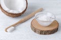 Coconut oil toothpaste, natural alternative for healthy teeth, wooden toothbrush Royalty Free Stock Photo