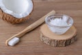 Coconut oil toothpaste, natural alternative for healthy teeth, wooden toothbrush Royalty Free Stock Photo