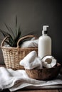 Coconut oil in a wooden bowl with a white towel and a basket of coconut.