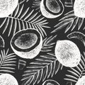Coconut with palm leaves seamless pattern. Hand drawn vector food illustration on chalk board. Engraved style exotic plant. Royalty Free Stock Photo