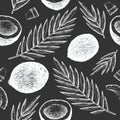 Coconut with palm leaves seamless pattern. Hand drawn vector food illustration on chalk board. Engraved style exotic plant. Royalty Free Stock Photo