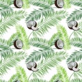 Coconut, palm leaves seamless vector pattern on white background.